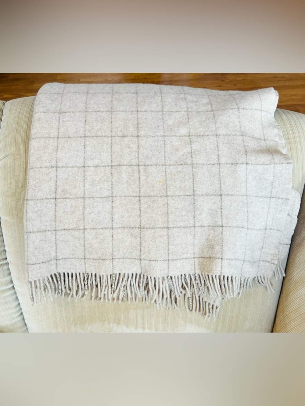 Vintage KelmScott Wool Throw Blanket Neutral Plaid Lap Blanket Fringe Maine - Picture 2 of 11